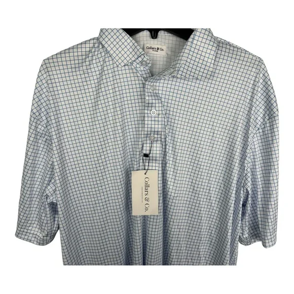 Collars & Co Polo Shirt Mens 2XL Blue Check Grid Dress Collar Golf Performance - Picture 2 of 14